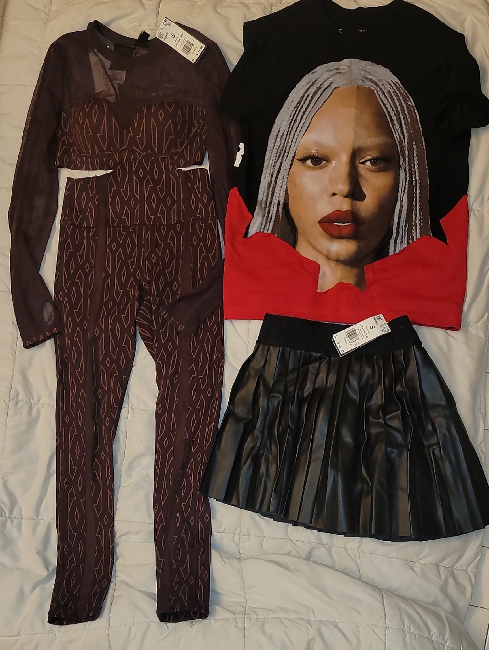 Lot Of Ivy Park, Ftg a Brown Geometric Jumpsuit W/ Mesh Top, Faux Skirt & T Shrt